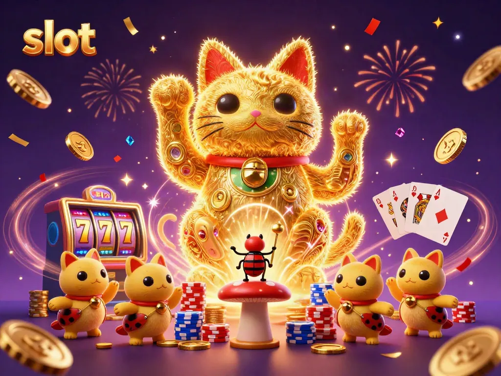 Engage with online slot excitement through a dynamic illustration showcasing a lucky cat and casino symbols.