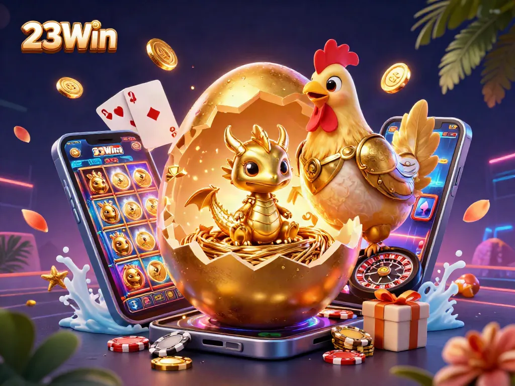 Experience the thrill of gaming with 23Win's golden dragon and vibrant casino elements.