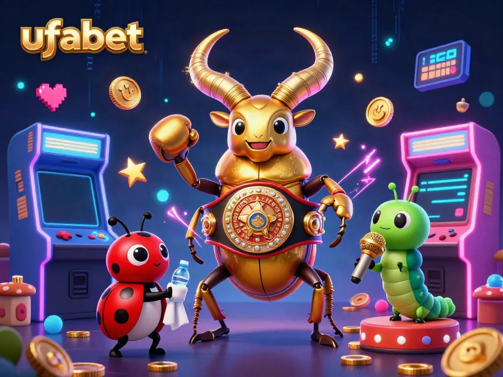 ภาพวาด 3 มิติของ ufabet ที่มีตัวละครแมลงกว่างทองในชุดแชมป์มวย มีฉากฟีเจอร์เกมพนันแบบคาสิโน