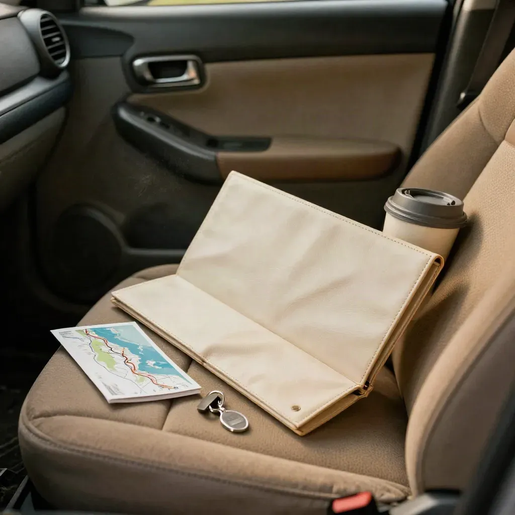 Buyer tour folio, key tag, route card, and coffee cup on a car seat