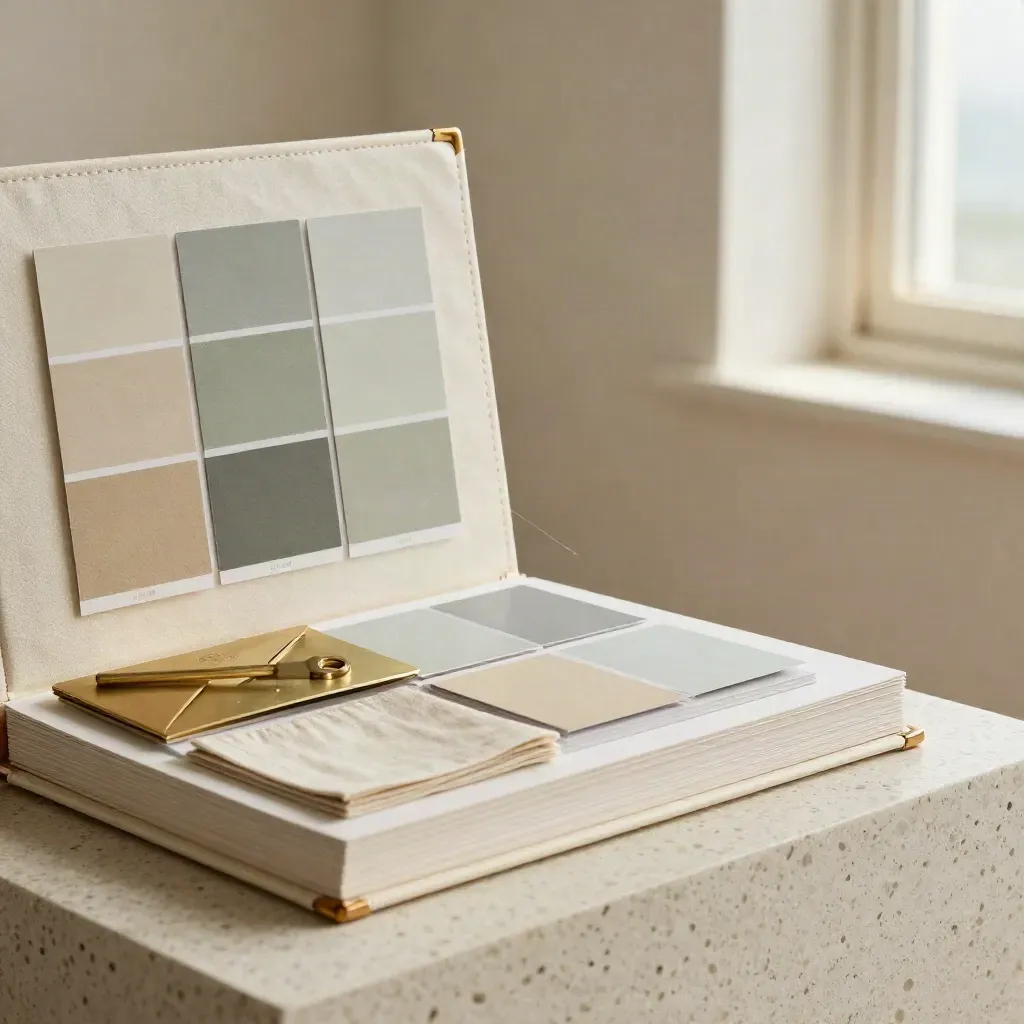 Open coastal seller launch portfolio with proofs, swatches, and brass key envelope on ivory case.