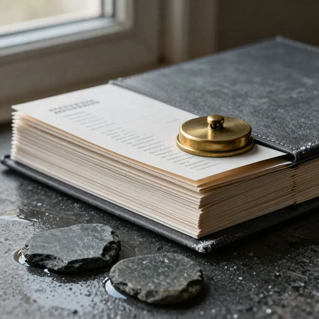 Graphite pricing folio, brass paperweight and slate swatches on wet stone with misty light