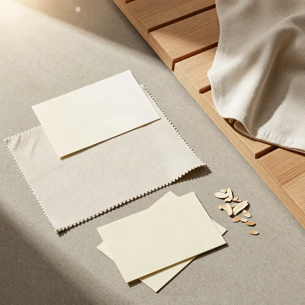 Overhead flatlay of coastal staging cards, linen swatches, wood chips, and a soft throw on concrete.