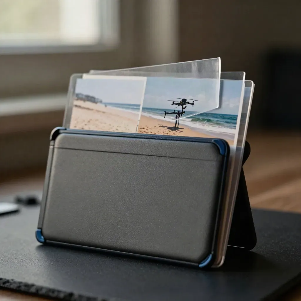 Charcoal drone reel case with storyboard cards on a slate plinth, lit dramatically.