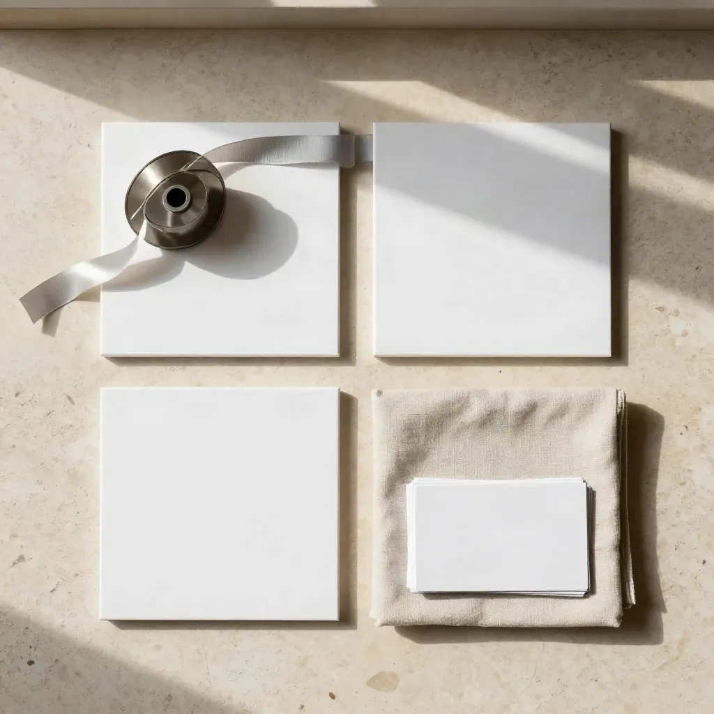 Overhead flatlay of an open-house kit on pale stone with ribbon, linen, and face-down cards.