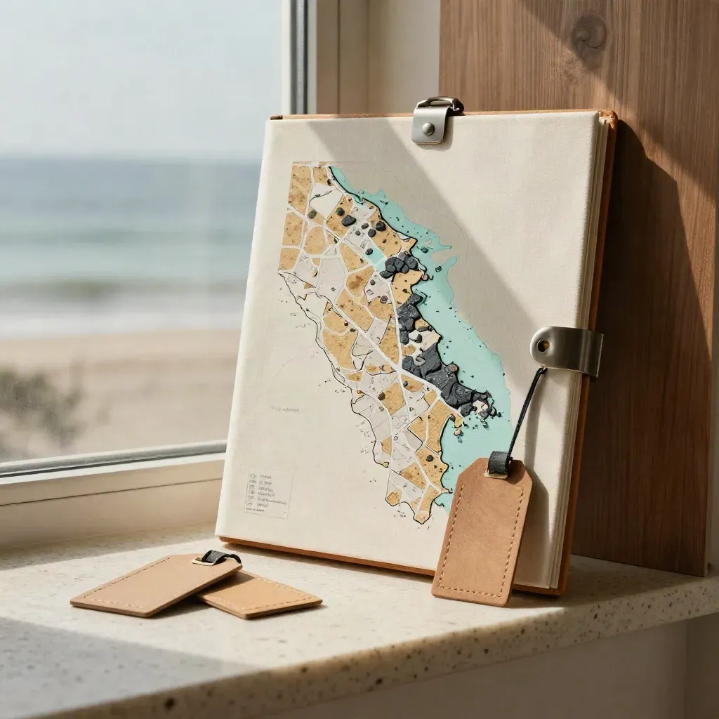 Canvas relocation folio with map sheet, area chips and luggage tags on travertine.