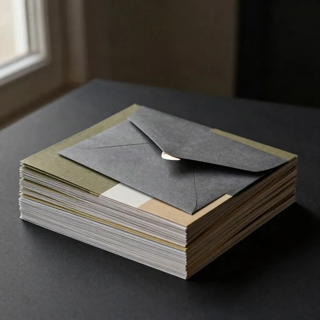 Stacked campaign proofs, envelope and clip on a matte-black studio surface.