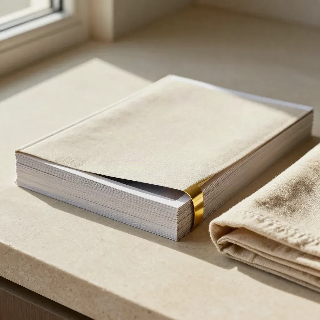 Sand-toned listing portfolio with stacked prints, brass edge, and folded linen in soft coastal light.