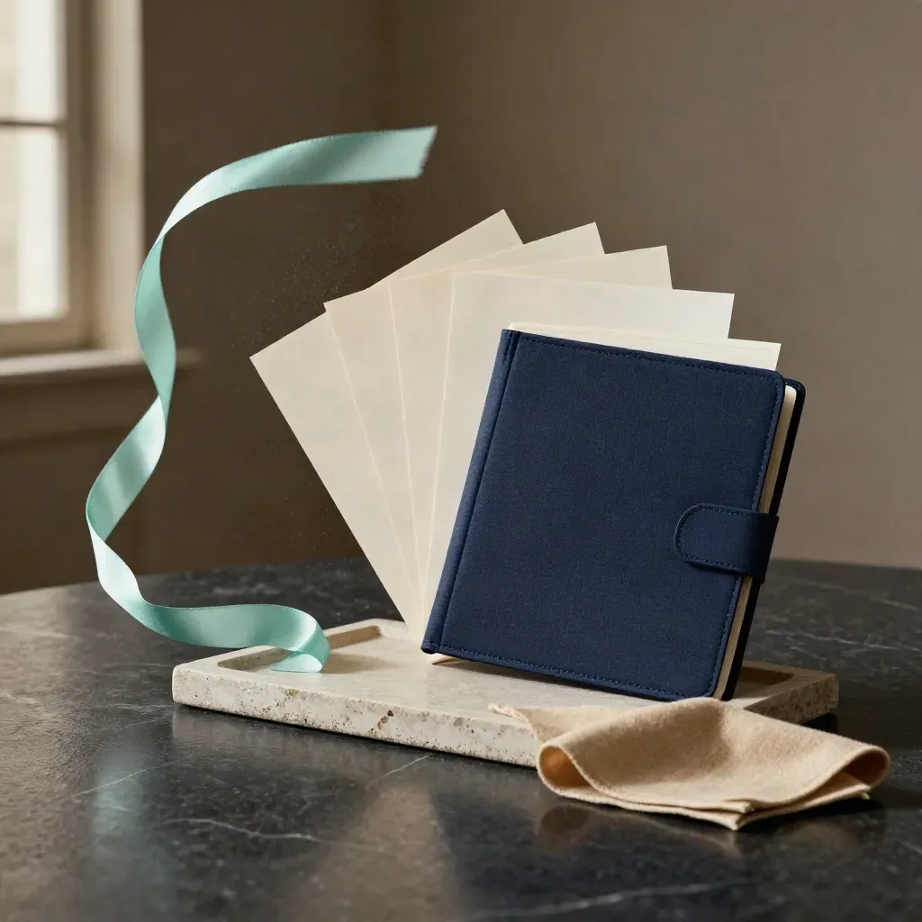 Seafoam ribbon and navy folders burst across a matte-black surface in a dramatic waterfront sale kit