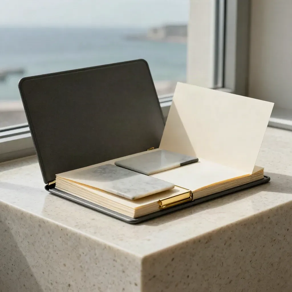 Charcoal audit folio with brass clip, stone swatch and face-down card on travertine in salt mist.