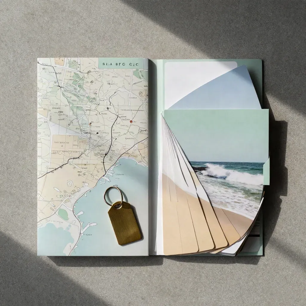 Top-down flatlay of a coastal buyer pack with map sleeve, comps cards, key tag and route folder