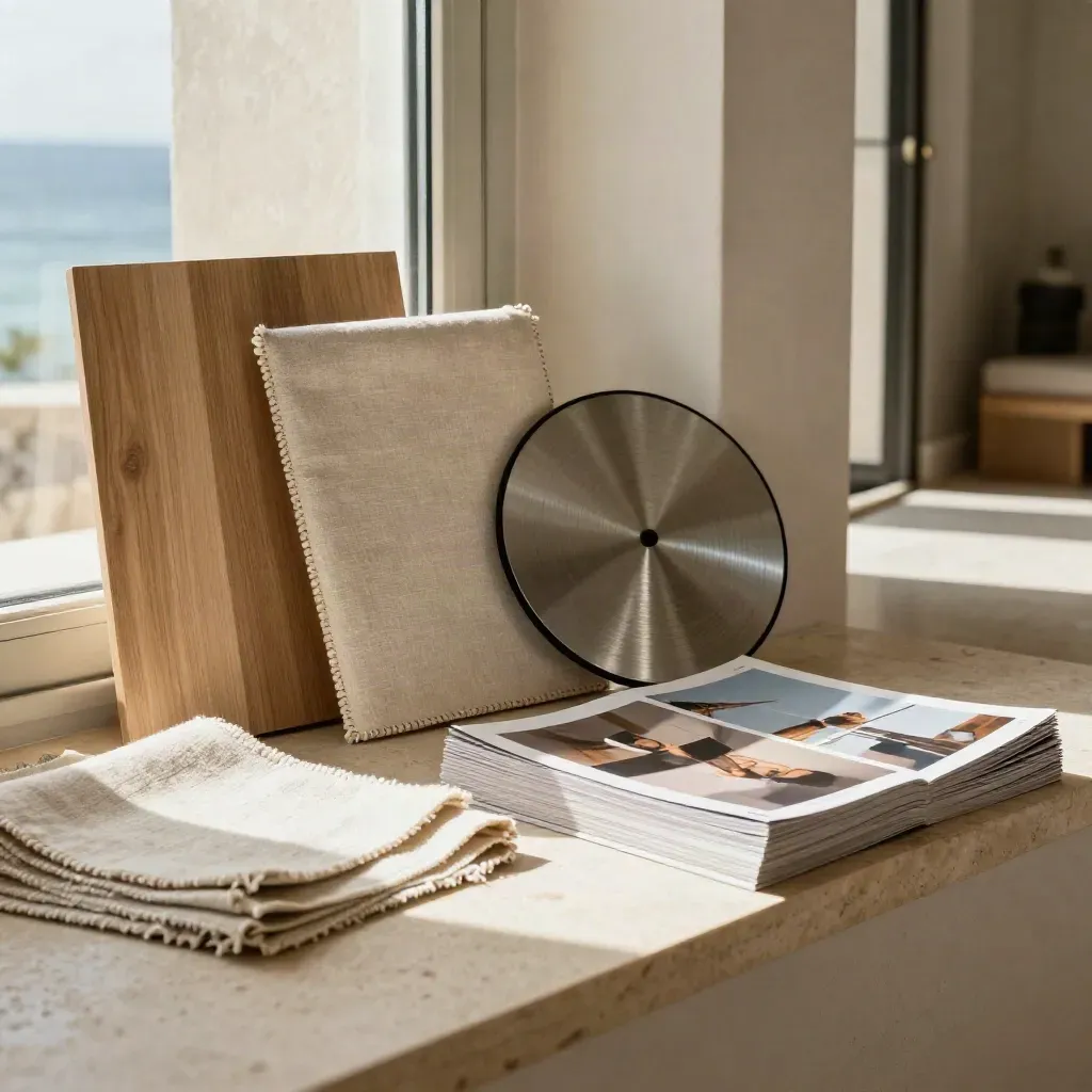 Luxury coastal photo day kit on a limestone window seat, linen swatches and proofs in bright estate light.