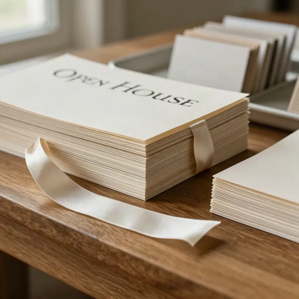 Macro close-up of open house signs, face-down flyers and ribbon ties on brushed wood.