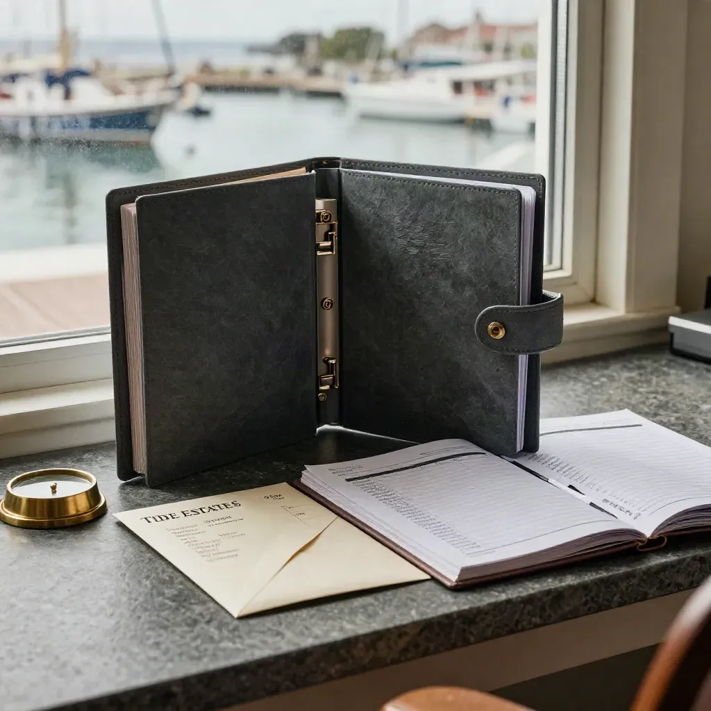 Dark portfolio kit with brass paperweight and tab dividers on a slate ledge.