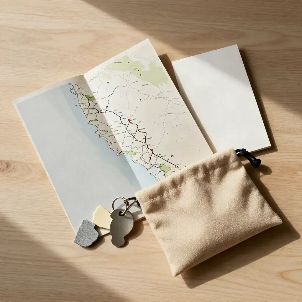 Overhead relocation bundle on pale oak with route sheet, key tag, open canvas pouch and chips.