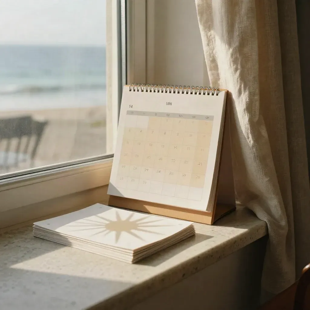 Seller timing folio on a limestone bench with sun-shadow disc in a quiet coastal room.