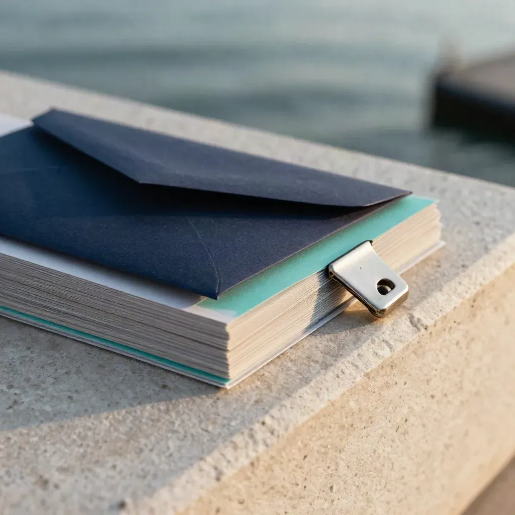 Dockside ad kit on pale stone with proofs, navy envelope, and seafoam tabs