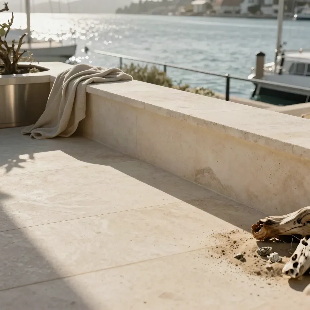 Sunlit limestone terrace by a blurred marina rail with calm copy space below.