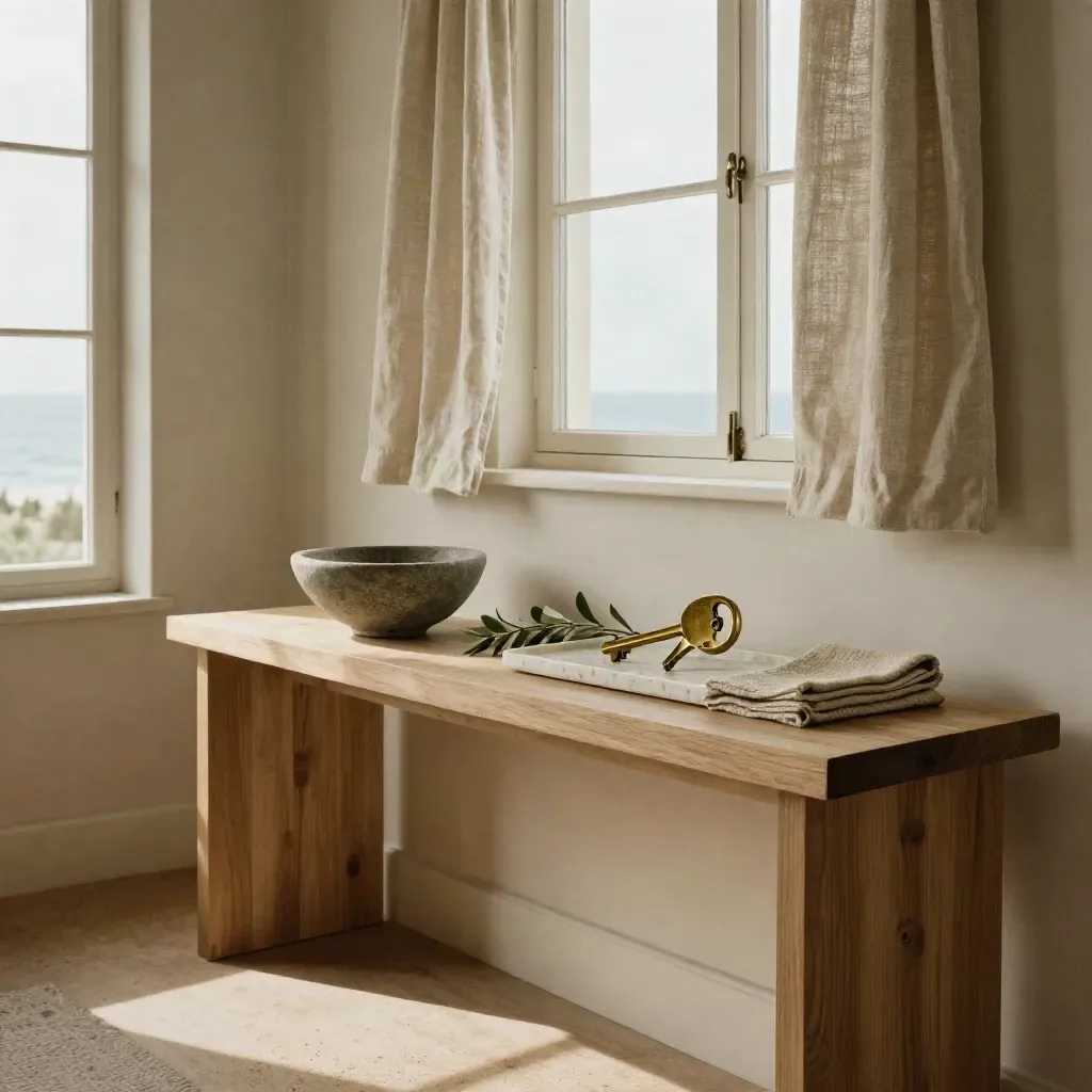 Staged coastal living room corner with oak console, linen drape, stone bowl, and sunlit calm floor.