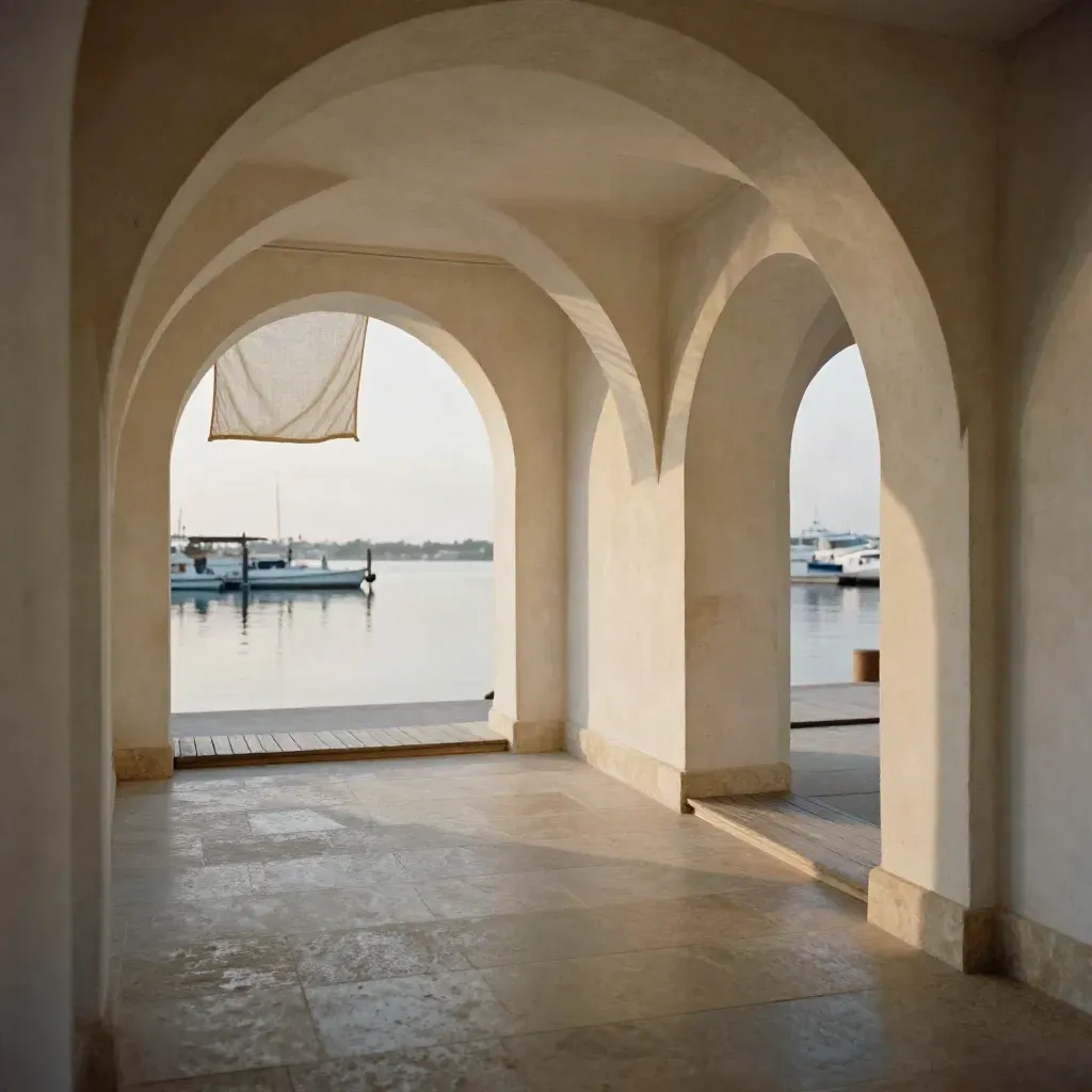 Sunlit plaster arches beside a quiet dock view with calm floor space