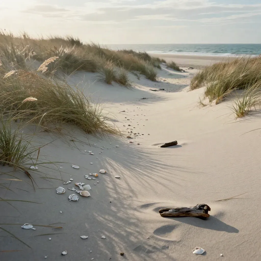 Dune path with sea grass, pale shells, misty horizon and open water at pre-sunset.