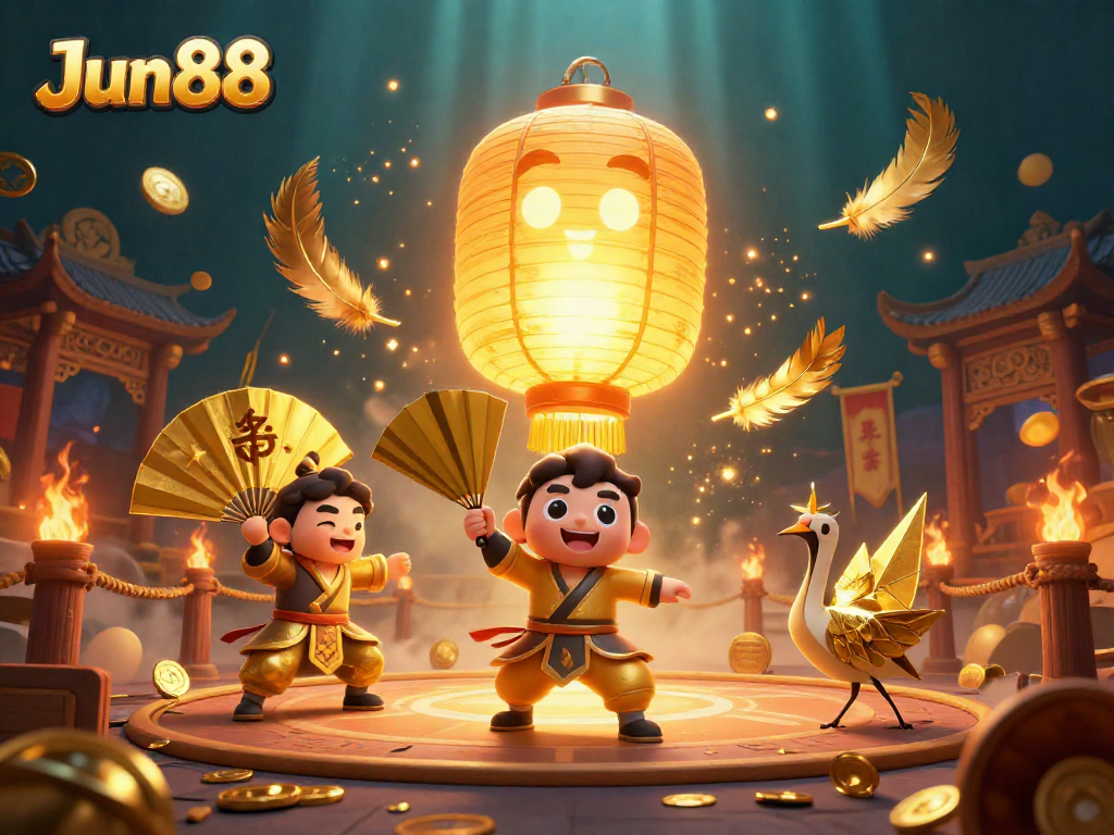 Engage in exciting gaming at Jun88’s vibrant casino scene filled with golden lanterns, warriors, and lucky symbols.