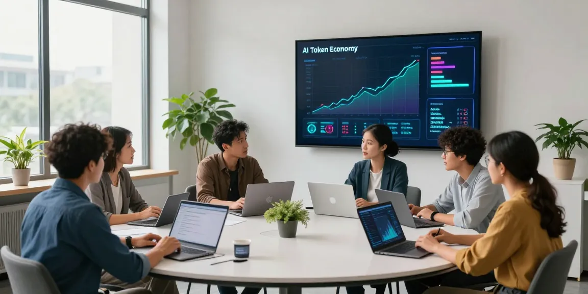 Team collaborating on AI Token Economy strategies in a modern workspace.