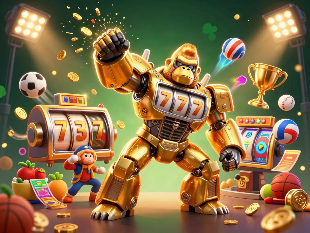 Experience thrilling action with link gacor presents, featuring a golden gorilla mech amidst vibrant casino elements.