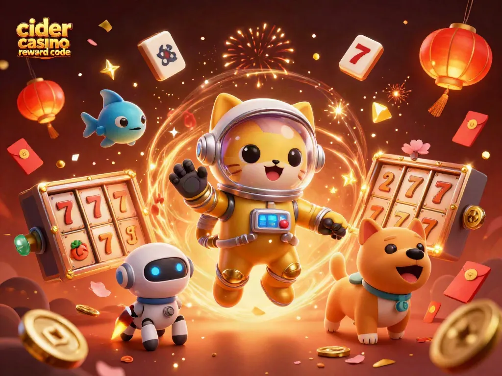 Cider casino reward code celebrated with vibrant, ultra-detailed 3D illustration showcasing an astronaut cat and dynamic game elements.