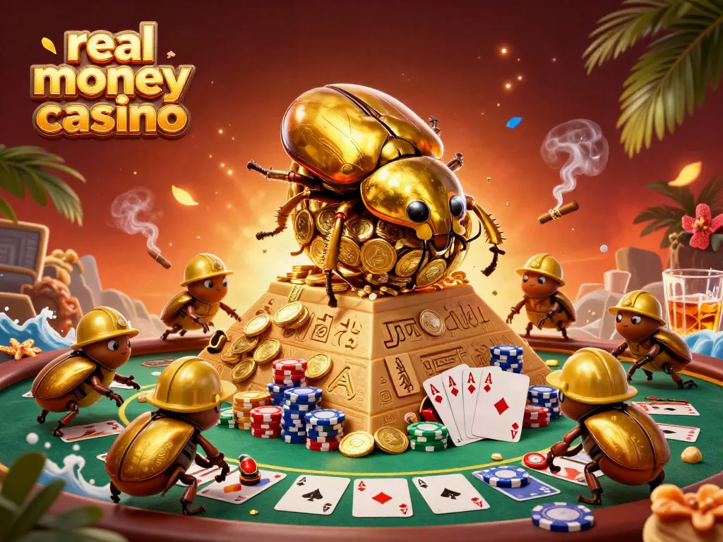 Engage with real money casino gaming through a vibrant 3D beetle scene showcasing gold coins and poker elements.