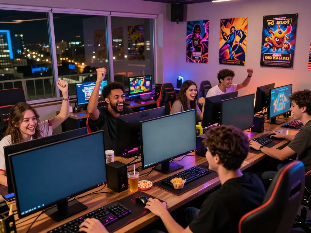 Friends enjoying a lively PG SLOT gaming session in a vibrant lounge.