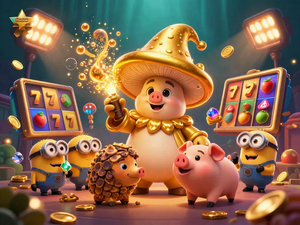 Engaging illustration showcasing australian casinos with a magical mushroom wizard turning elements to gold, surrounded by slot game features.