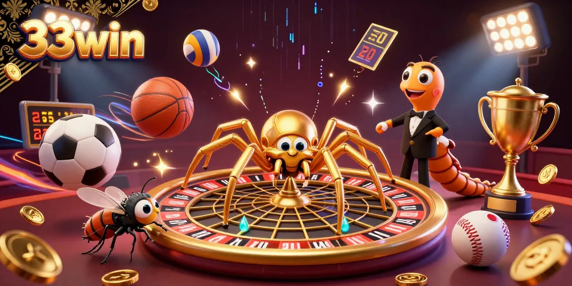 Bet on excitement with 33win as a golden spider spins a roulette wheel web in a dynamic casino scene.
