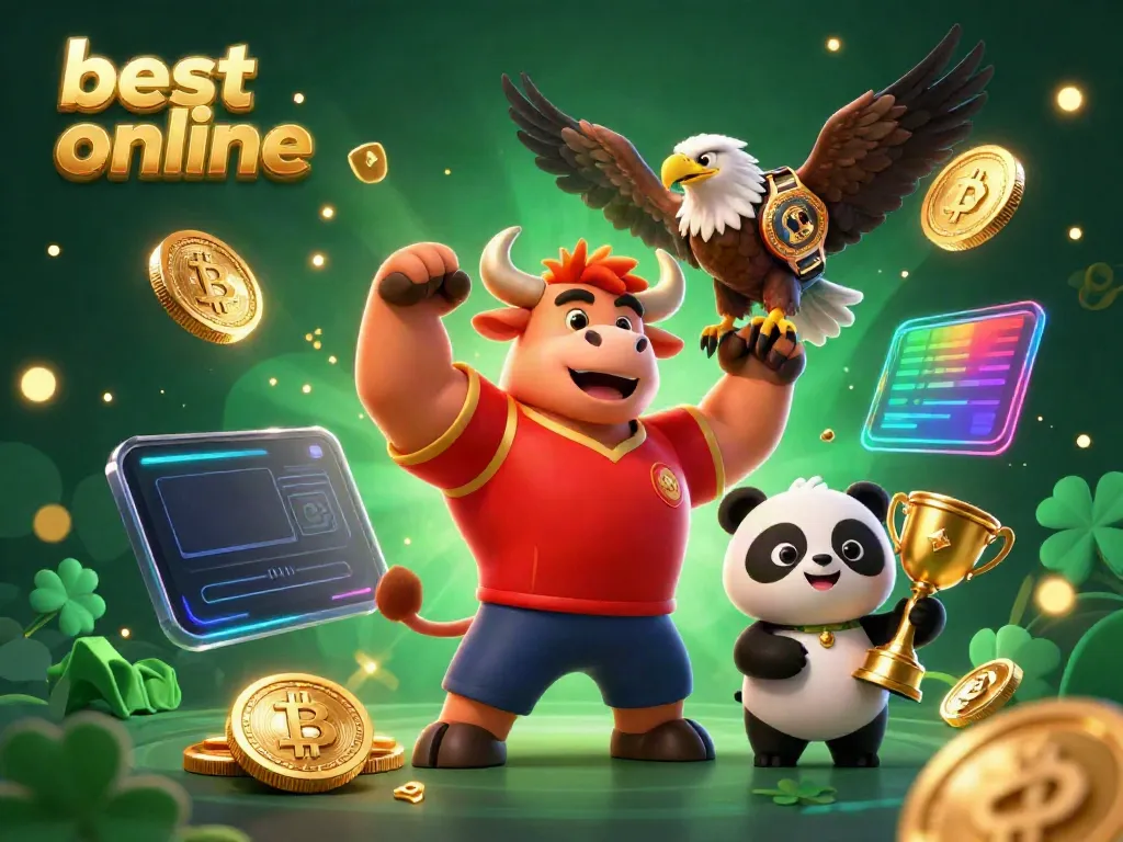 Explore the best online casino scene with a victorious bull, eagle, and panda amidst crypto elements.