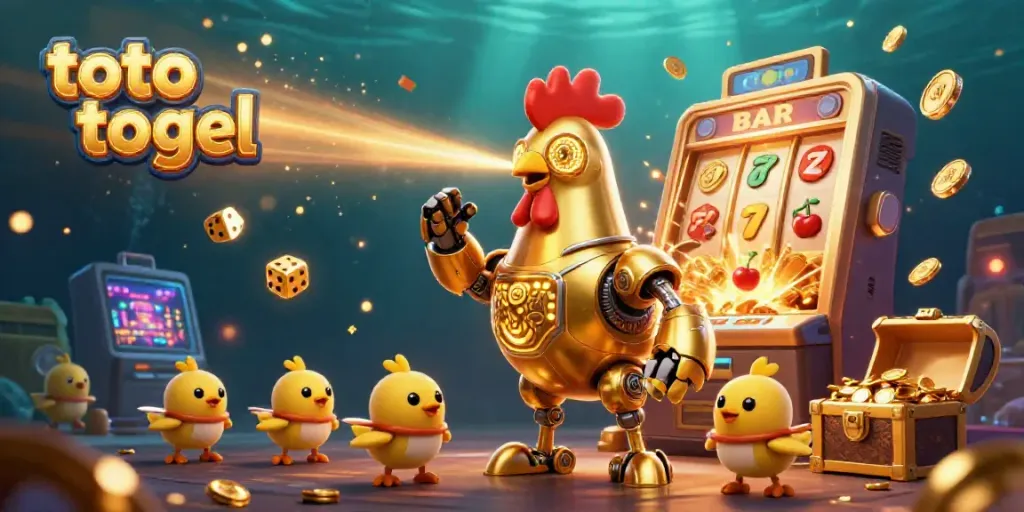 Engage with the thrilling world of toto togel featuring a futuristic golden rooster robot amid a jackpot explosion.