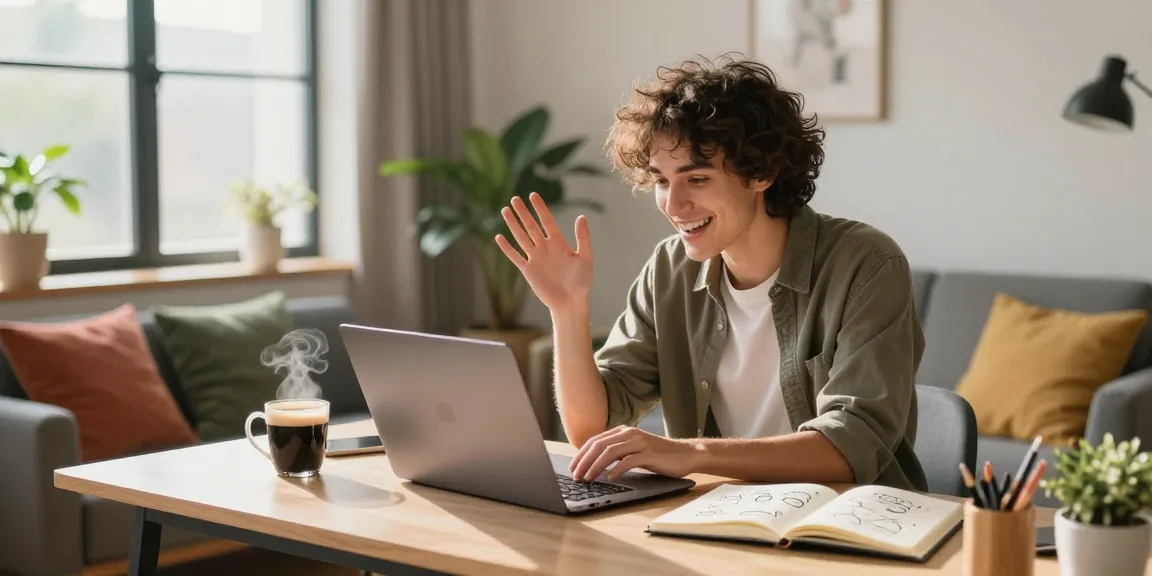 Engaging in a playful nsfw chat in a cozy home office environment with colorful decor.