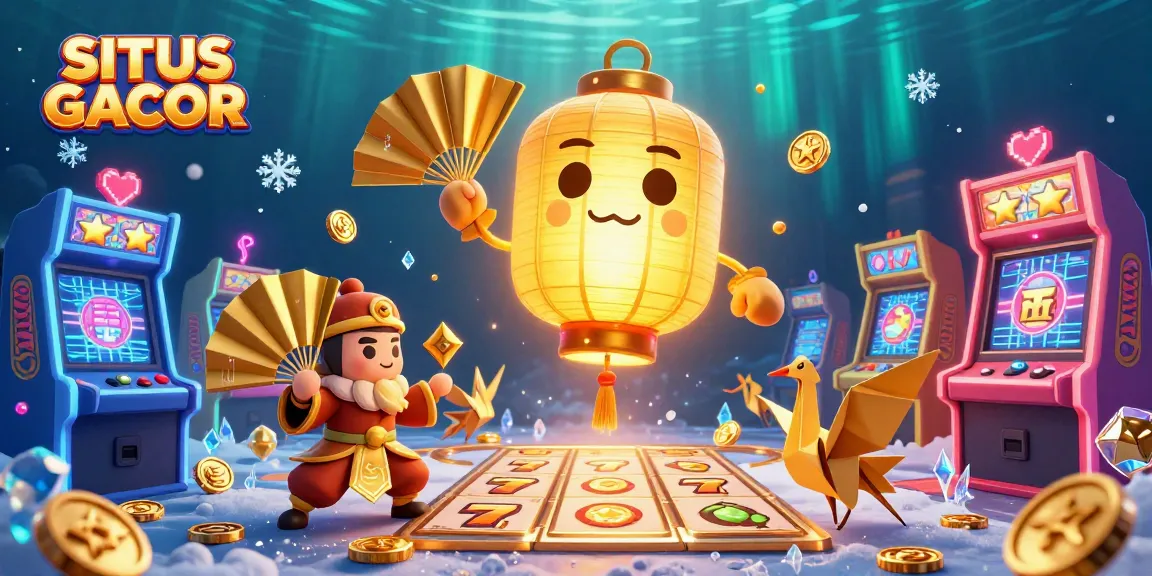 SITUS GACOR showcases a vibrant casino scene with golden lanterns and slot machine elements.