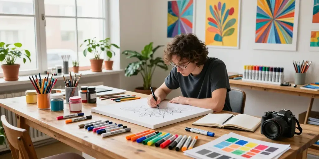 Artist immersed in a vibrant studio surrounded by colorful markers wholesale, painting materials, and artwork.