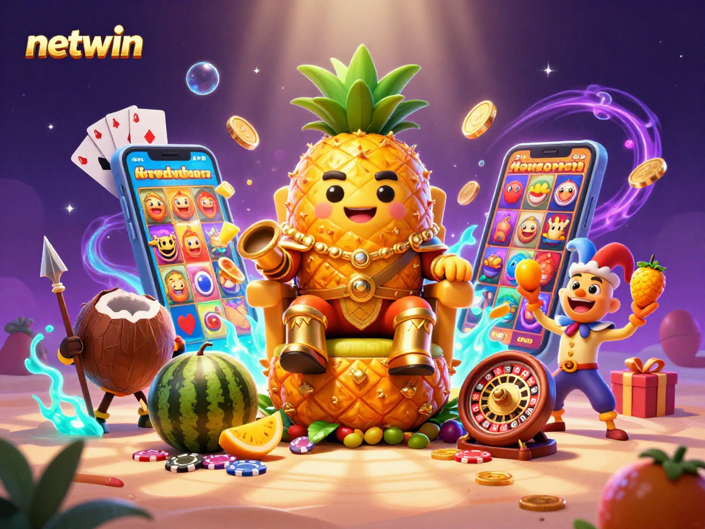 Experience the excitement of netwin with a vibrant scene of a golden pineapple king and casino elements.