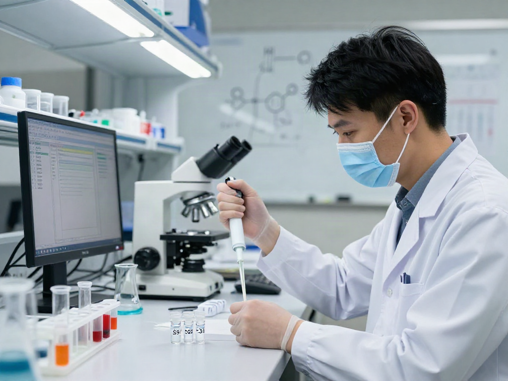 Scientist analyzing SS-31 peptide for sale in a professional laboratory setting.