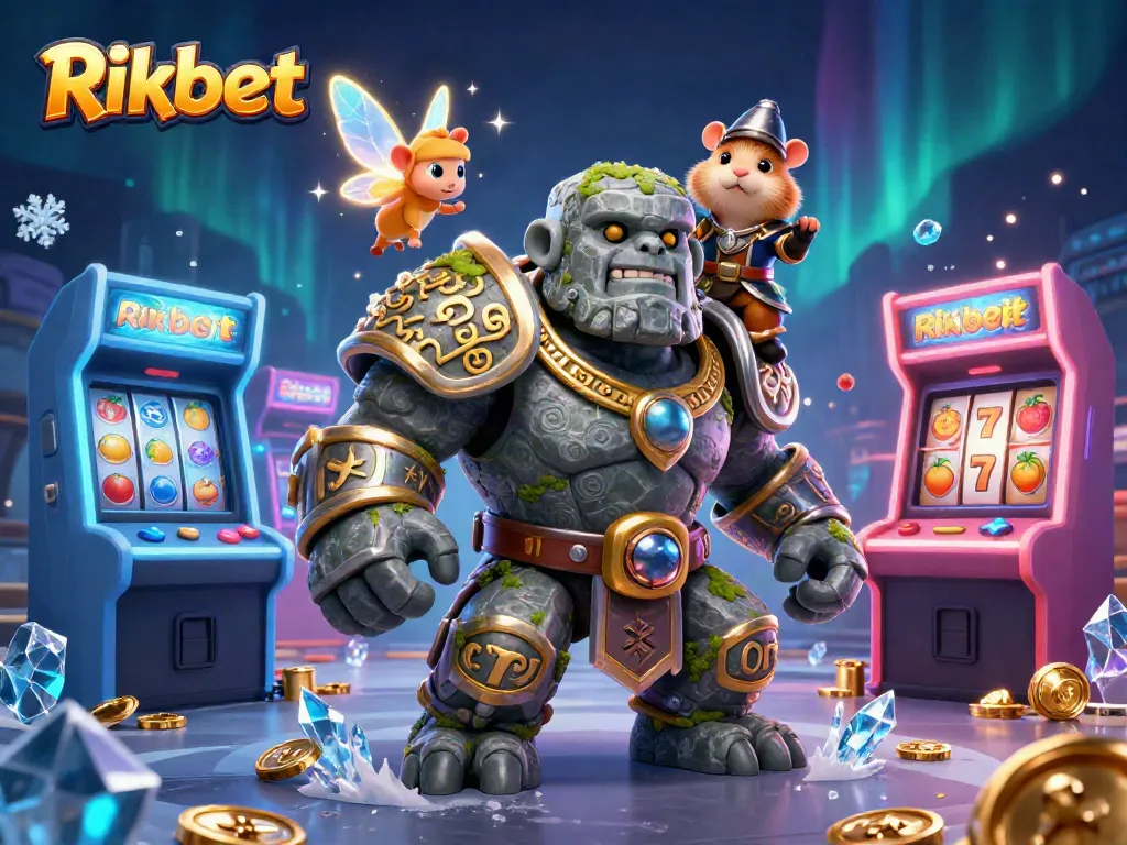 Experience exciting gameplay with Rikbet, showcasing vibrant slot reels and a magical golem guardian.