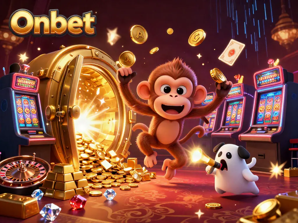 Onbet casino scene featuring an invisible monkey juggling gold while a ghost-hunter puppy tracks it.