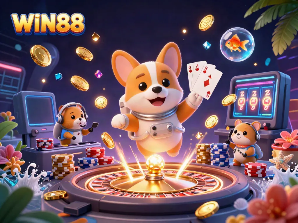 Win88 astronaut corgi enjoys a floating casino experience amidst dazzling casino elements.