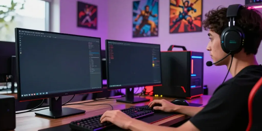 singatoto login with immersive gaming setup featuring a player, multiple monitors, and colorful LED lights