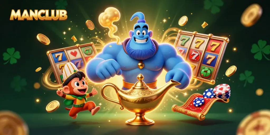 Experience the excitement with MANCLUB's engaging gaming scene featuring a dynamic genie, poker chips, and golden coins.