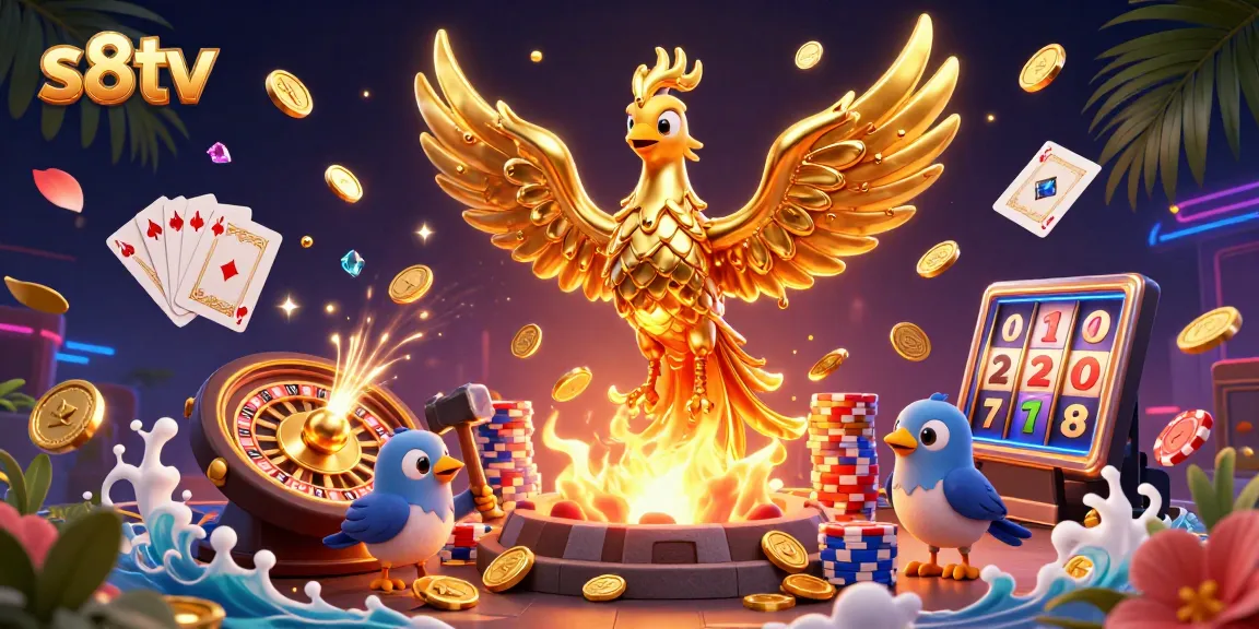 Experience thrilling gaming with s8tv's dynamic 3D scene featuring molten gold and flying coins.