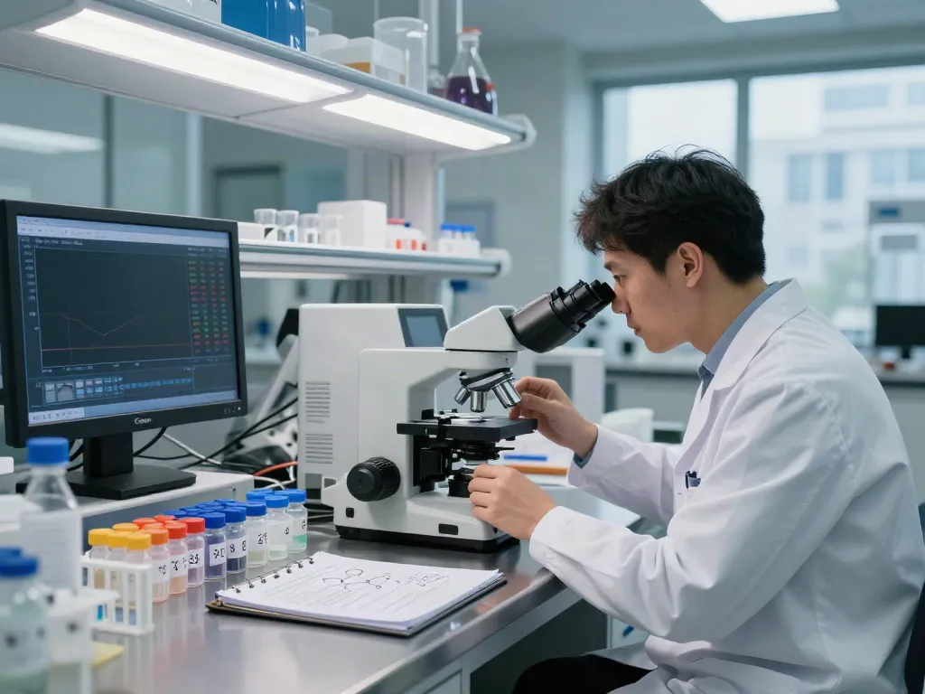 Scientist performing peptide comparison analysis in modern laboratory.