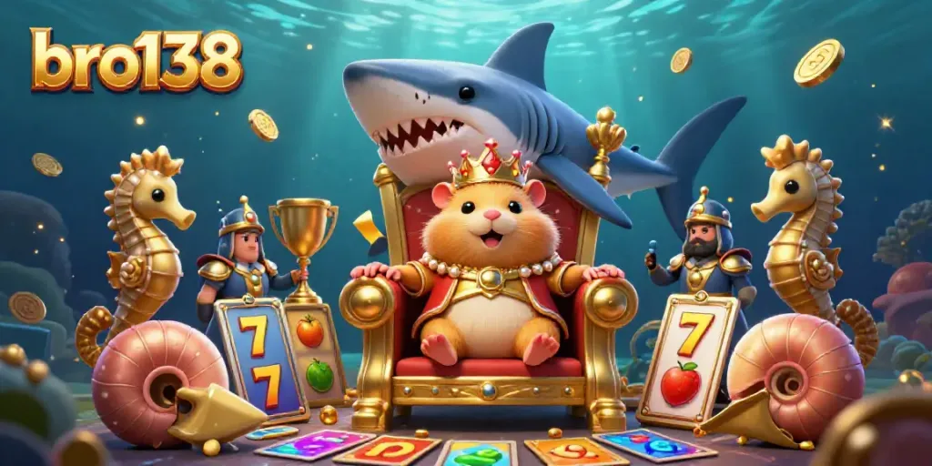 Experience the excitement of bro138 with a golden hamster king ruling a vibrant slot machine kingdom.