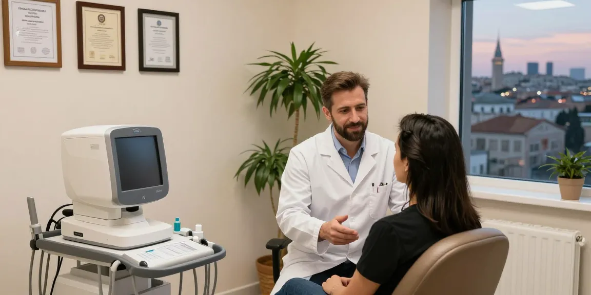 Hair transplant consultation in Istanbul with a surgeon and patient in a warm clinic setting.