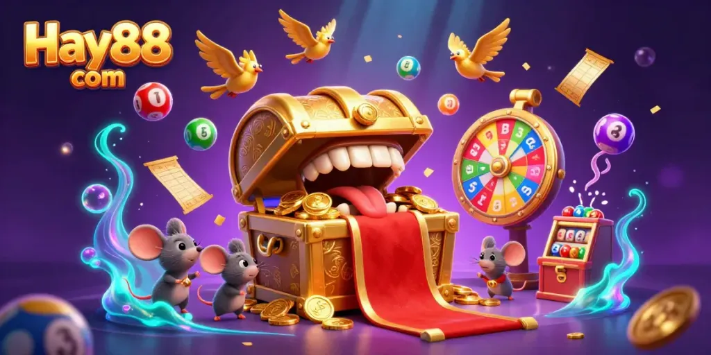 Engage in thrilling animations with Hay88 com's vibrant casino scene featuring treasure and lottery elements.